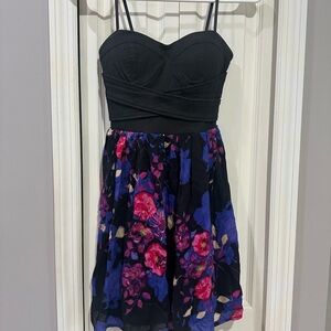 XS Black Floral Strapless Dress, Short Homecoming